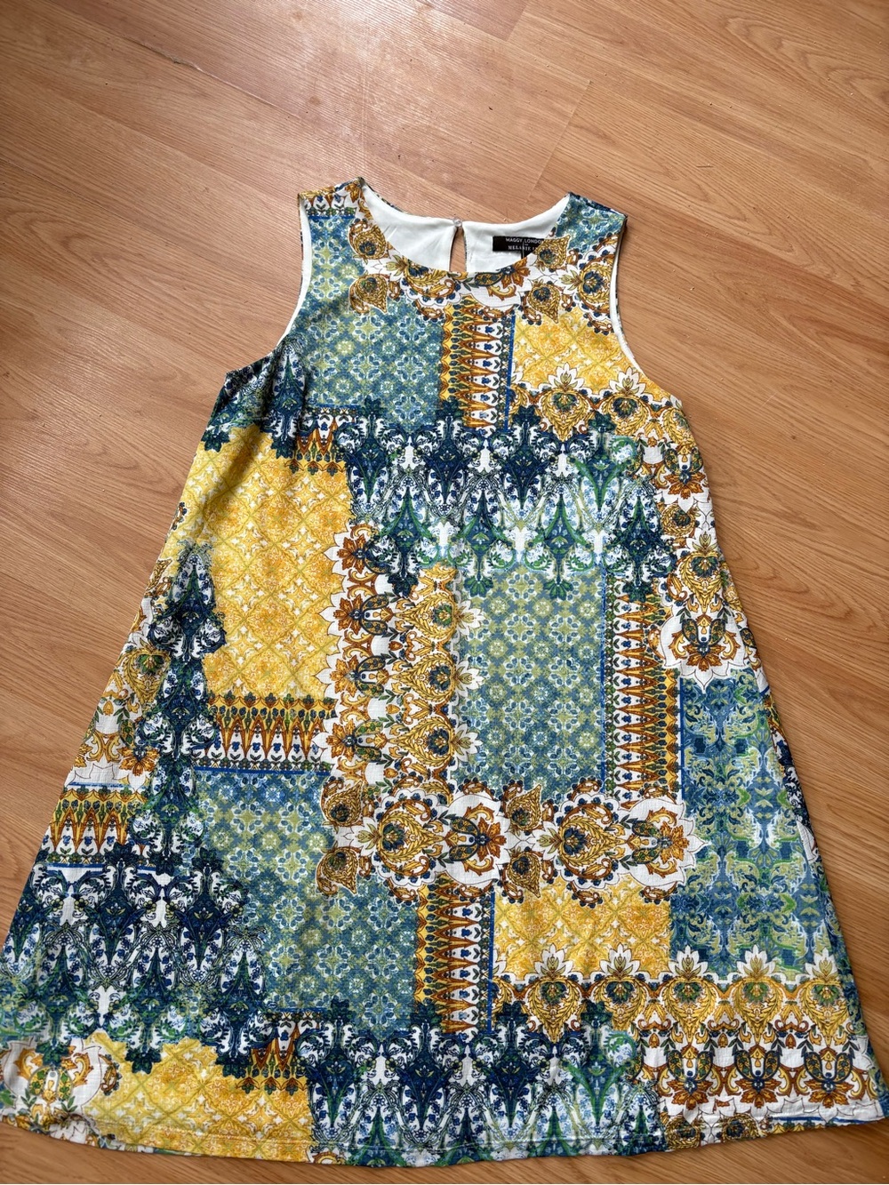 Maggy London Sleeveless Patchwork Midi Dress in Yellow, Green & Blue 14